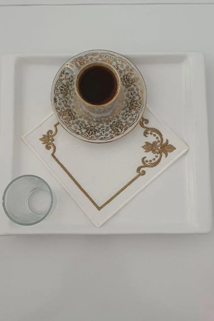 Osmanlı Nakışlı Keten Kare Bardak Altlığı Seti 6 Lı