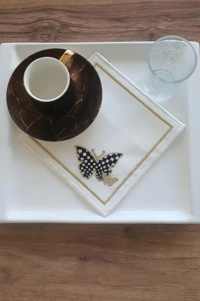 Kelebek Nakışlı Keten Kare Bardak Altlığı Seti 6 Lı