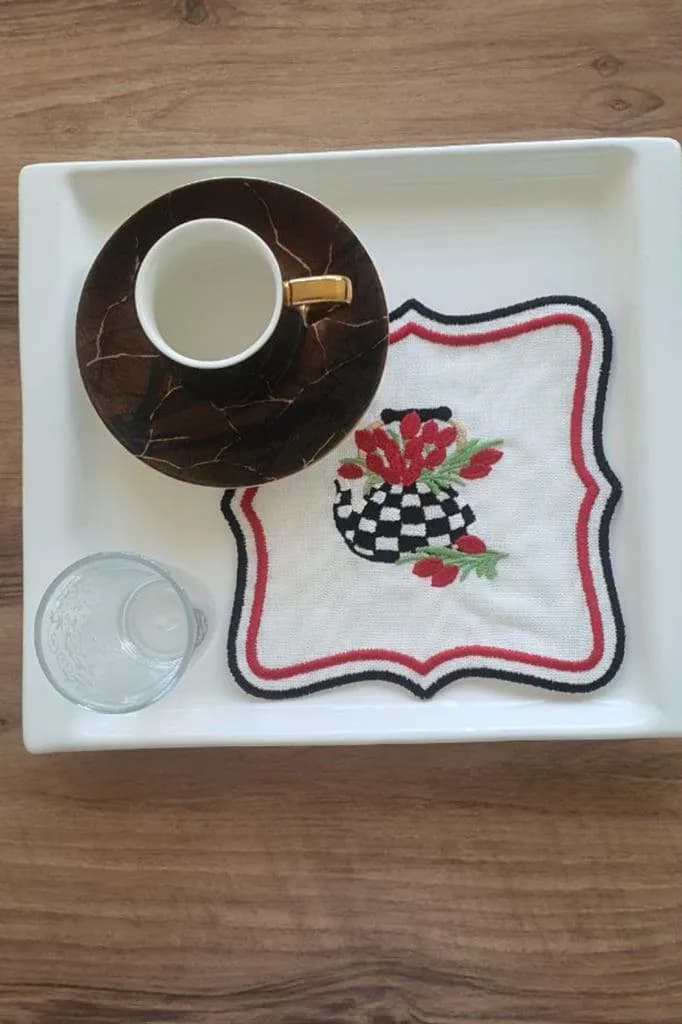 Çaycım Nakışlı Keten Kare Bardak Altlığı Seti 6 Lı