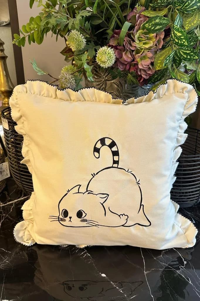 Kedicik Lüx Nakışlı Keten Kırlent Kılıfı 45x45 cm