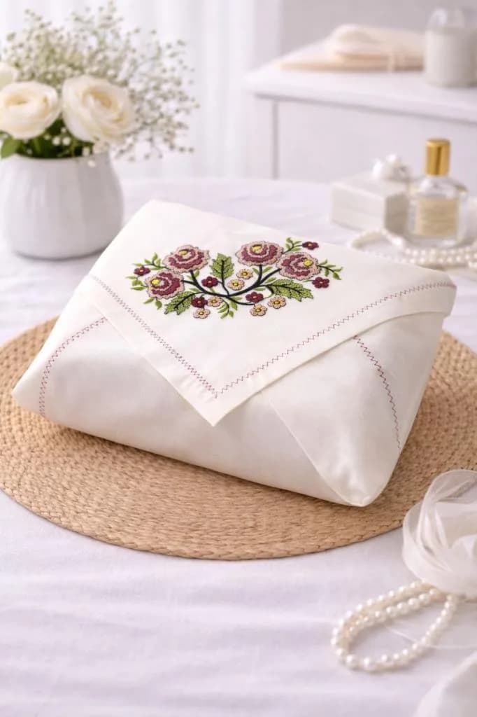 Kanaviçe İşlemeli Gardenya 90x90 cm Tek Bohça