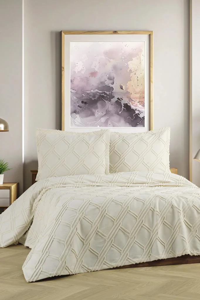 Mila Çift Kişilik Şönil Desenli 240x260 cm Pike Takımı Krem