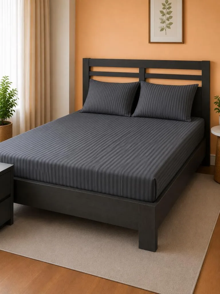 Bella Çizgili Saten Çift Kişilik 160x200 cm Lastikli Çarşaf Takımı