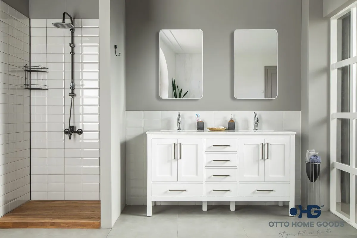Ashley 60" Beyaz İkili Lavabo Banyo Dolabı