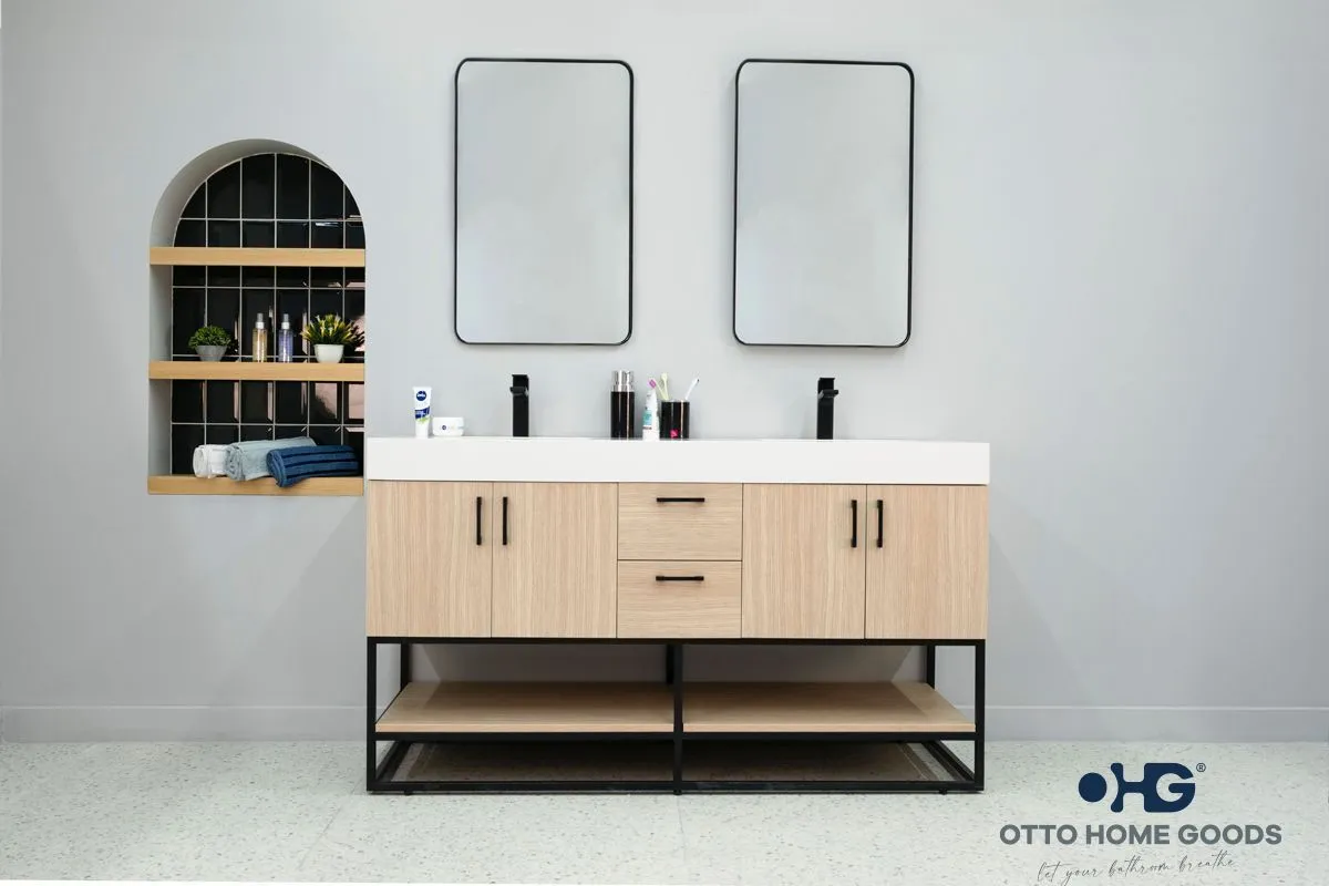 Solana Doğal Meşe 60" İkili Lavabo Banyo Dolabı