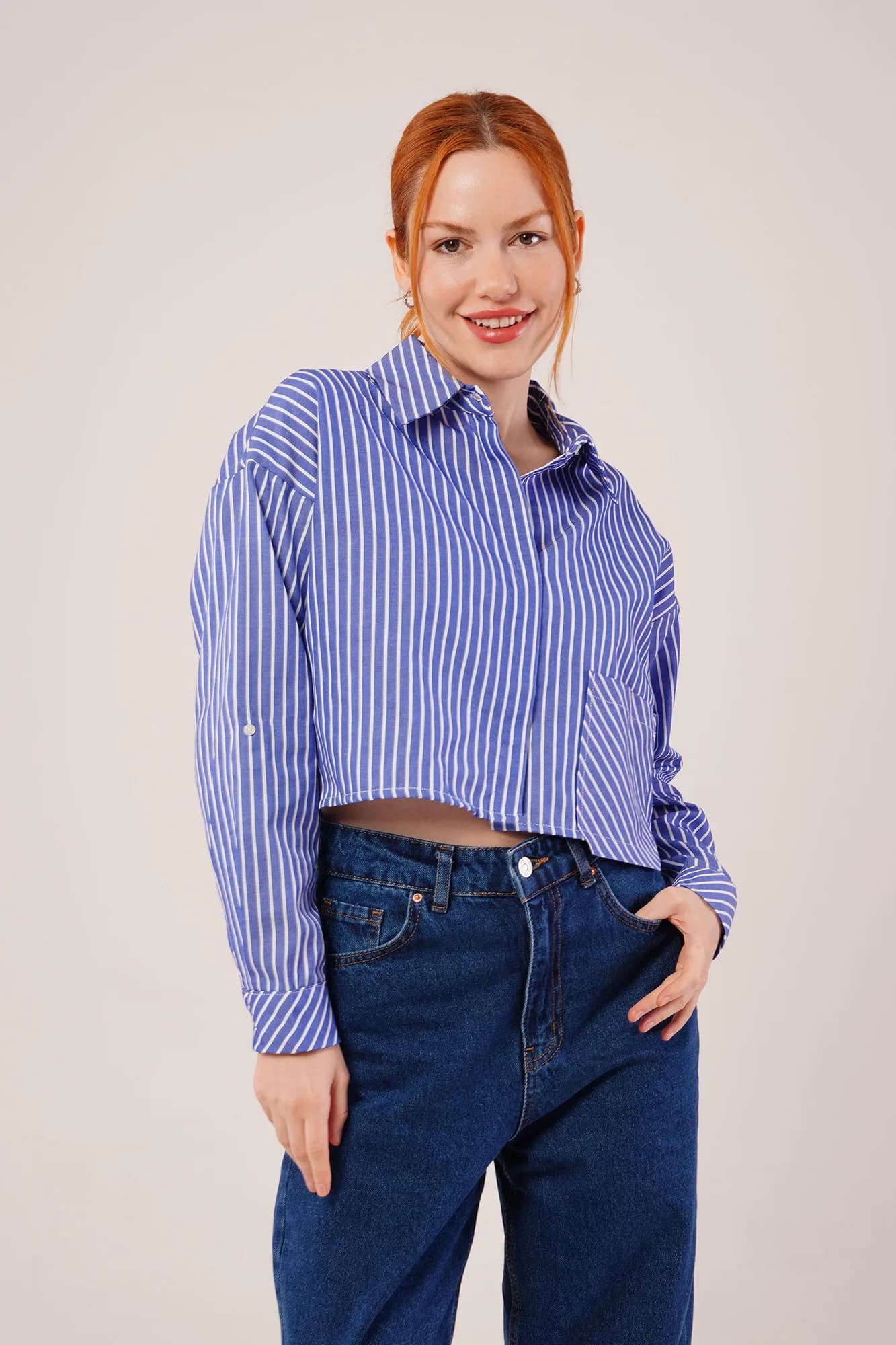 Crop Model Cepli Ve Çizgili Mavi Toptan Gömlek - Mavi
