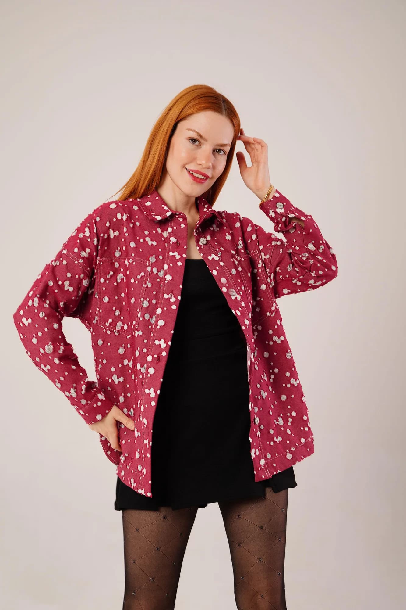 Eskitme Görünümlü Denim Toptan Bordo Gömlek - Bordo