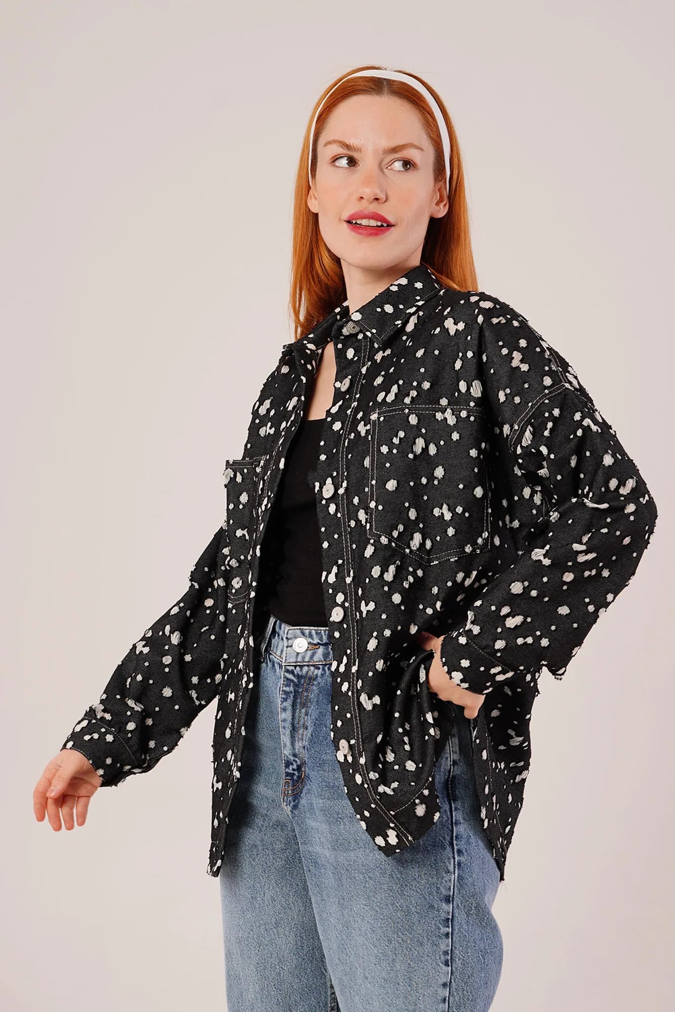 Eskitme Görünümlü Denim Toptan Siyah Gömlek - Siyah