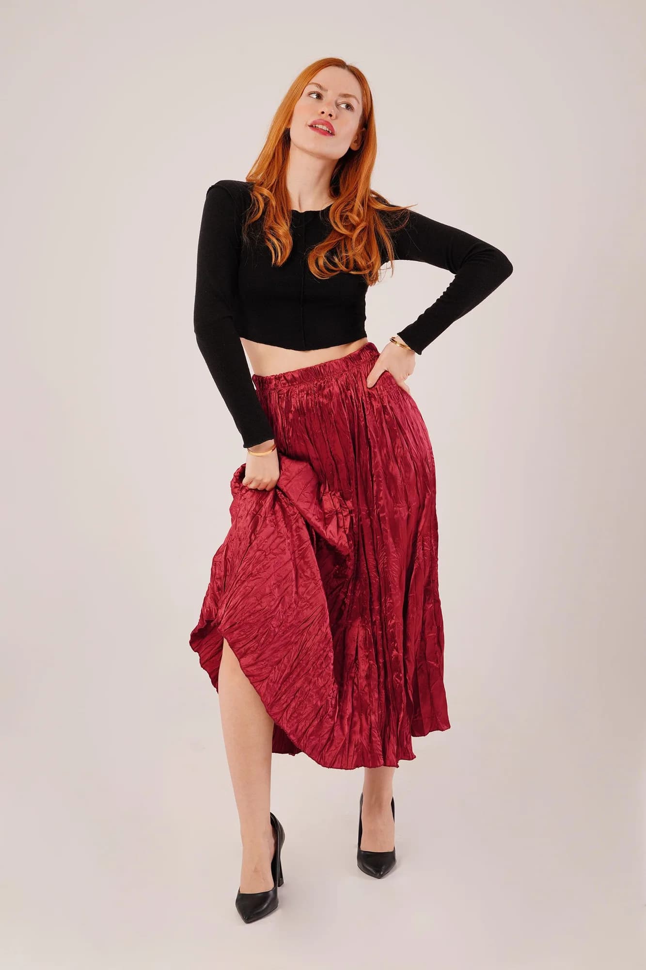 Midi Boy Pileli Saten Toptan Bordo Etek - Bordo