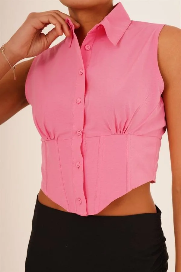 Korse Detay Kısa Kollu Toptan Pembe Gömlek - Pembe