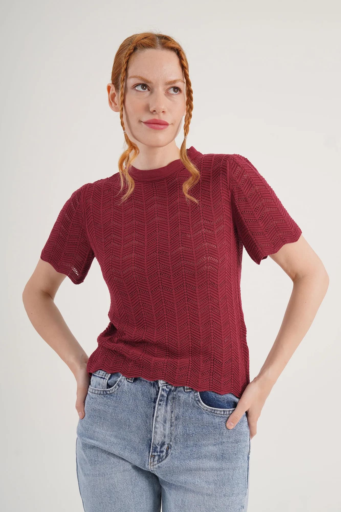 Örgü Model Kısa Kol Toptan Bordo Triko Bluz - Bordo