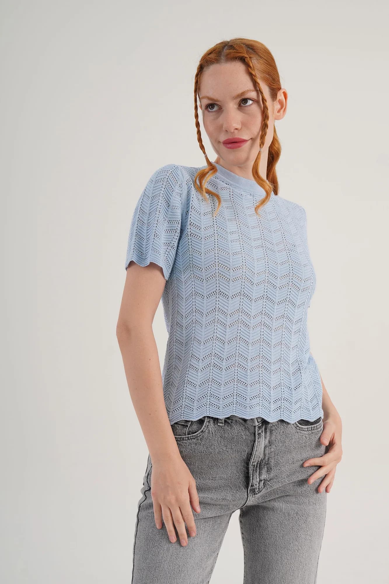 Örgü Model Kısa Kol Toptan Bebe Mavisi Triko Bluz - Bebe Mavi