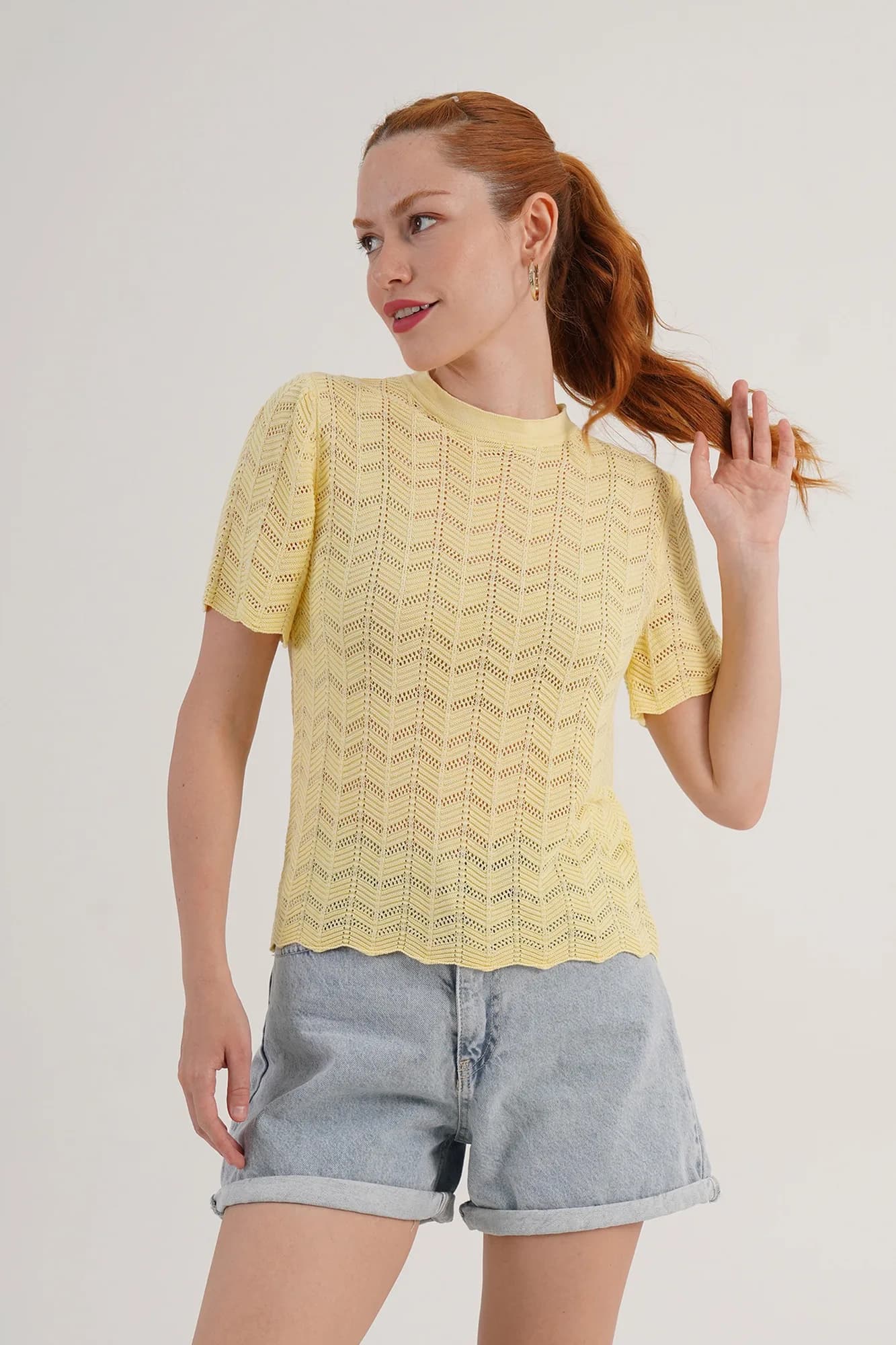 Örgü Model Kısa Kol Toptan Sarı Triko Bluz - Sarı
