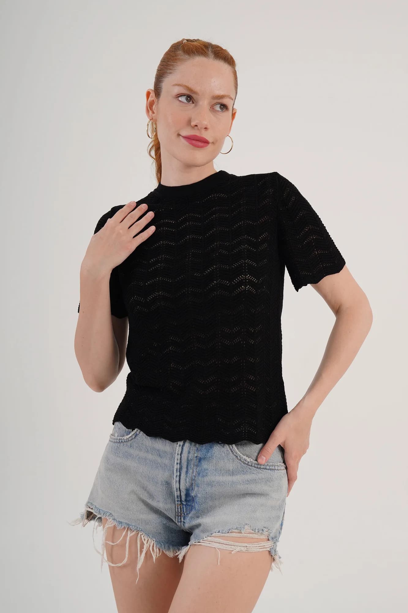 Örgü Model Kısa Kol Toptan Siyah Triko Bluz - Siyah