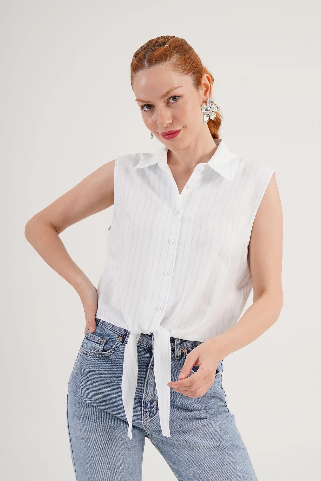 Kolsuz Model Mavi Çizgili Toptan Gömlek - Mavi