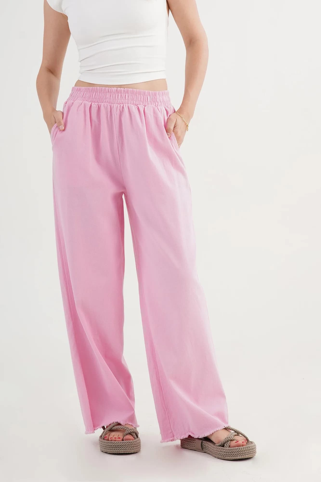 Bel Lastikli Paça Detaylı Cepli Toptan Pembe Pantolon - Pembe