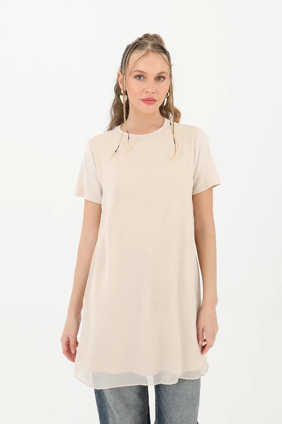 Kadın Basic Uzun T-Shirt -10271TUN - BEIGE