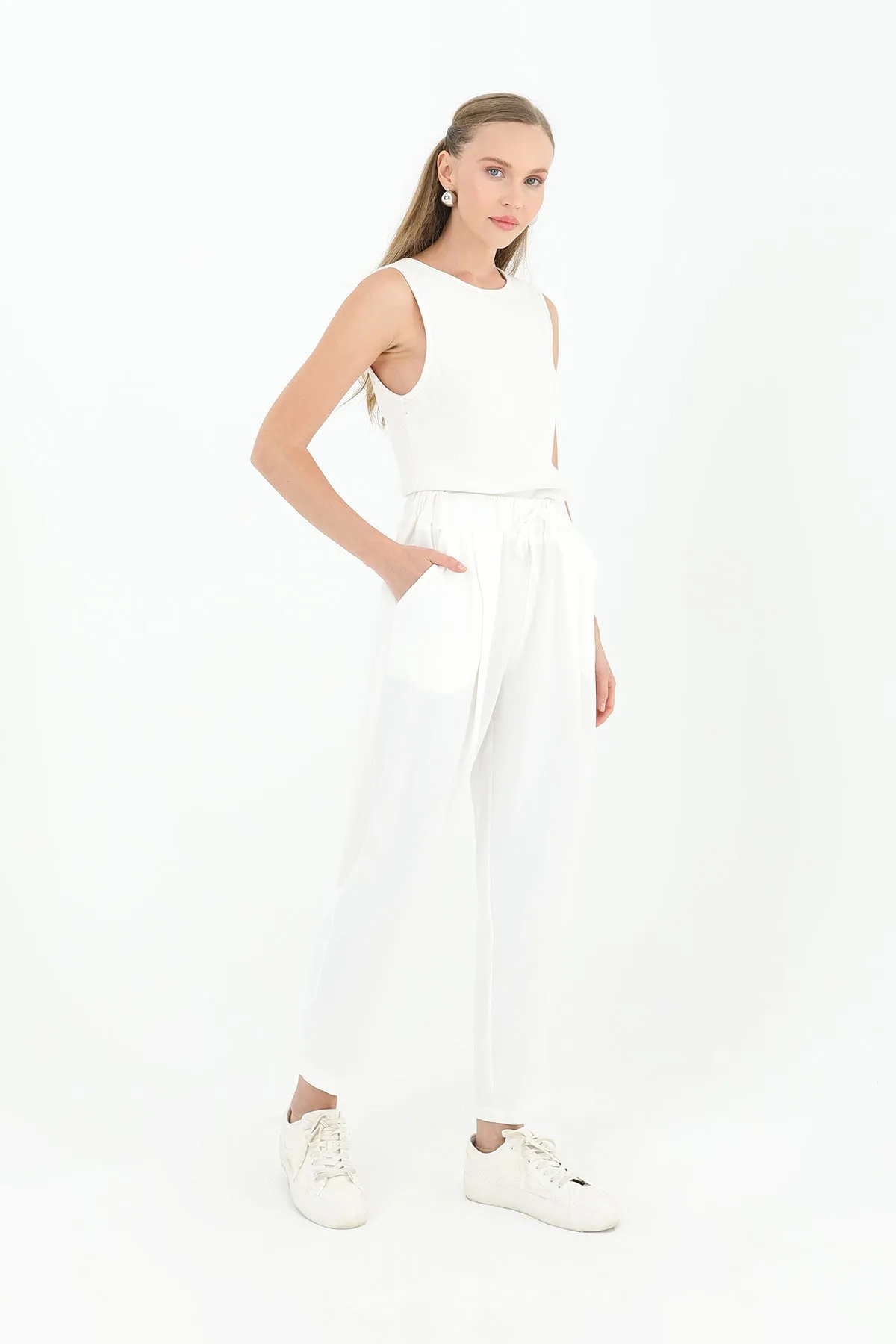 Kadın Beli Bağlamalı Havuç Form Pantolon - 18102PNT - ECRU