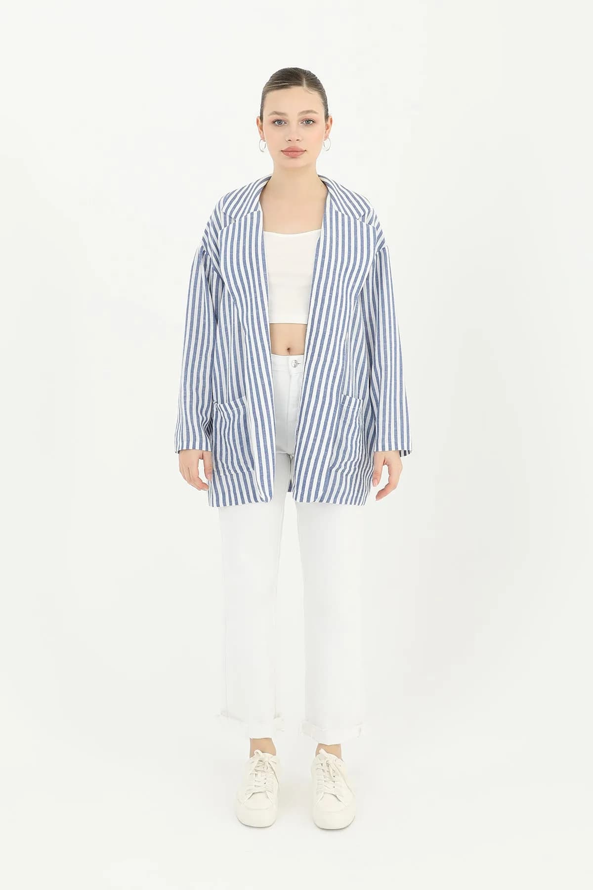 Kadın Çizgili Keten Ceket - 10433CKT - INDIGO
