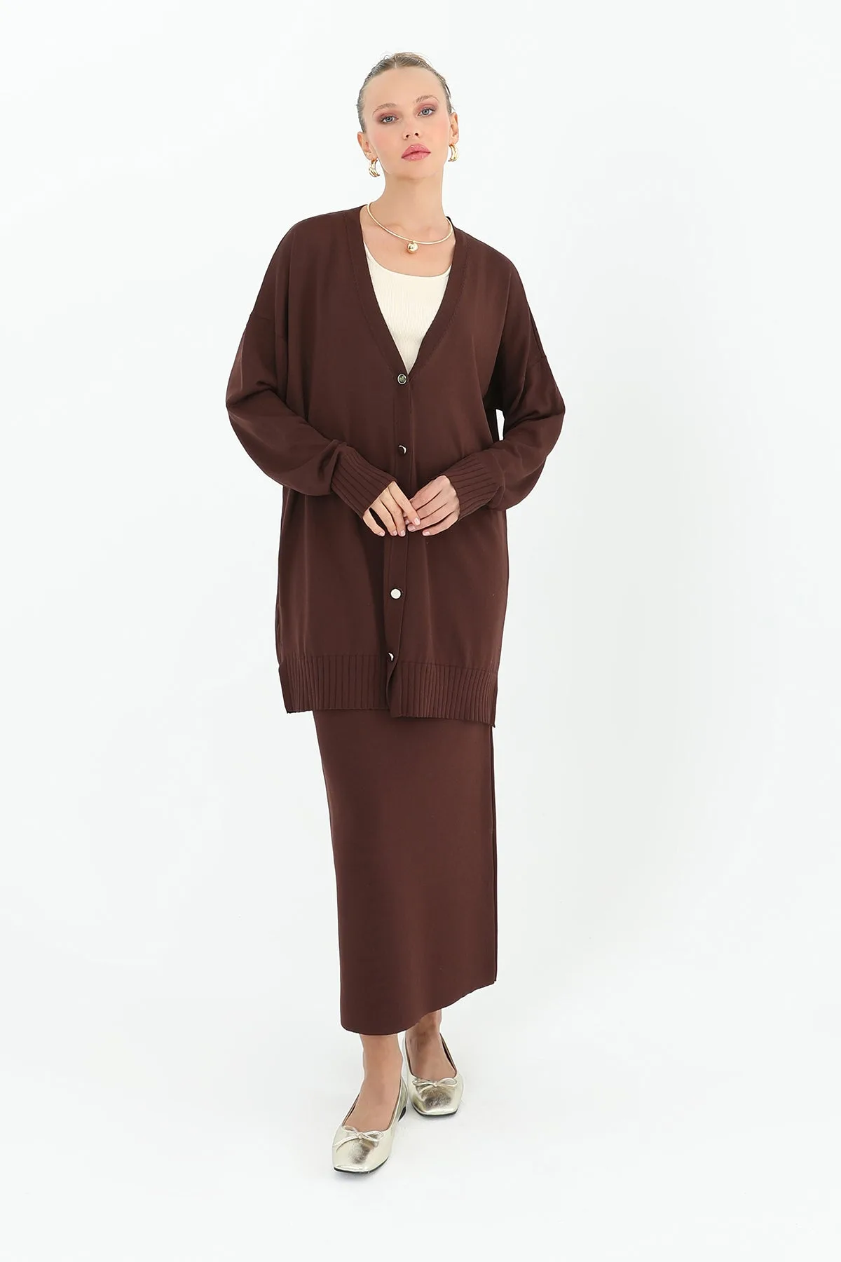 Kadın Çiçek Kabartmalı Basic Tunik - 10482TUN - BROWN
