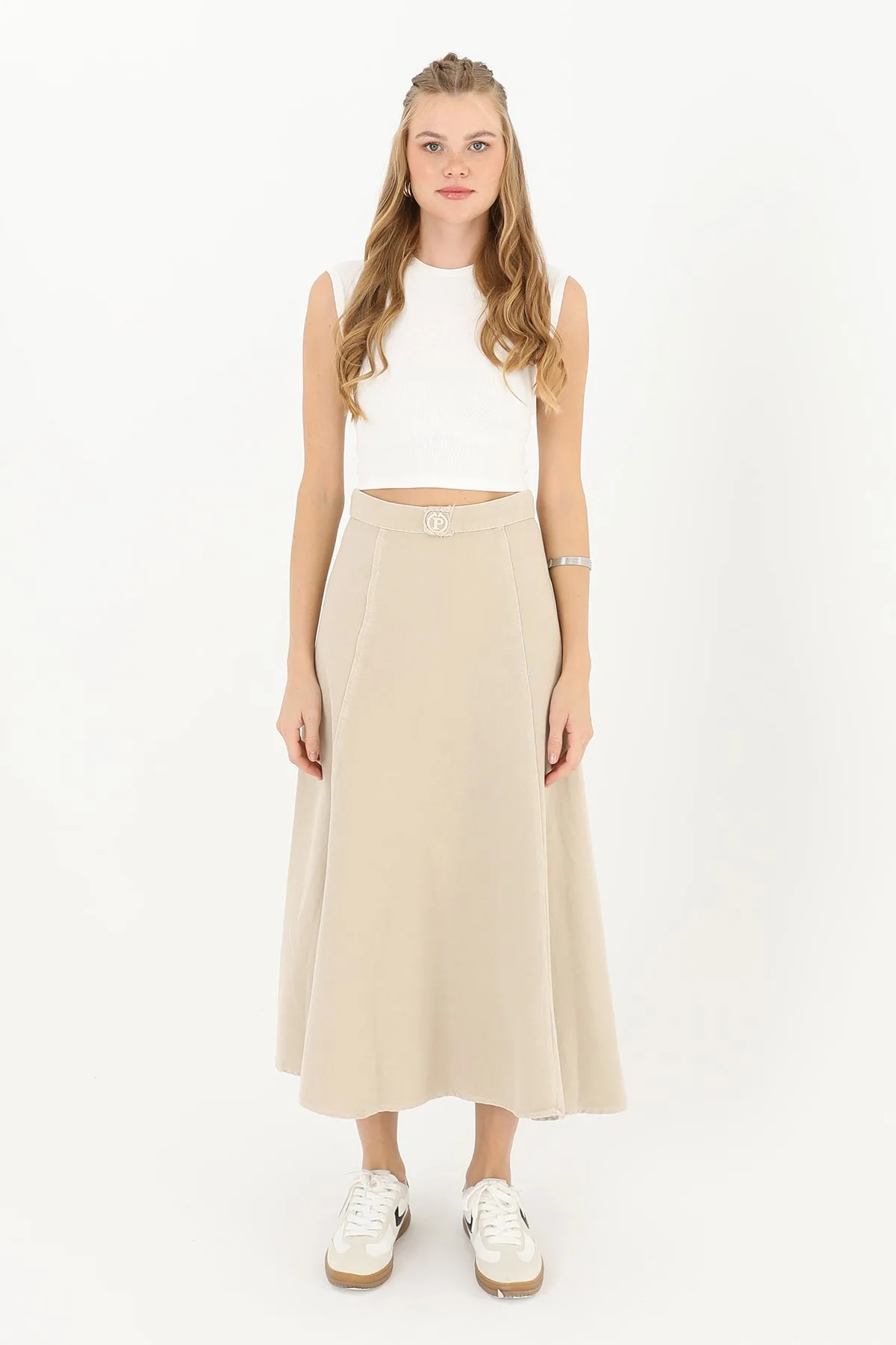 Kadın Gabardin Nakışlı Kloş Etek - 18188ETK - MINK