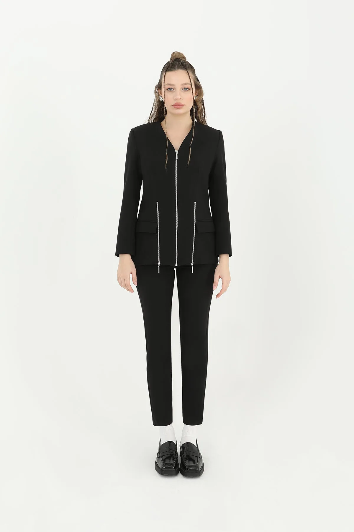 Kadın V Yaka Blazer Ceket - 31608CKT - BLACK