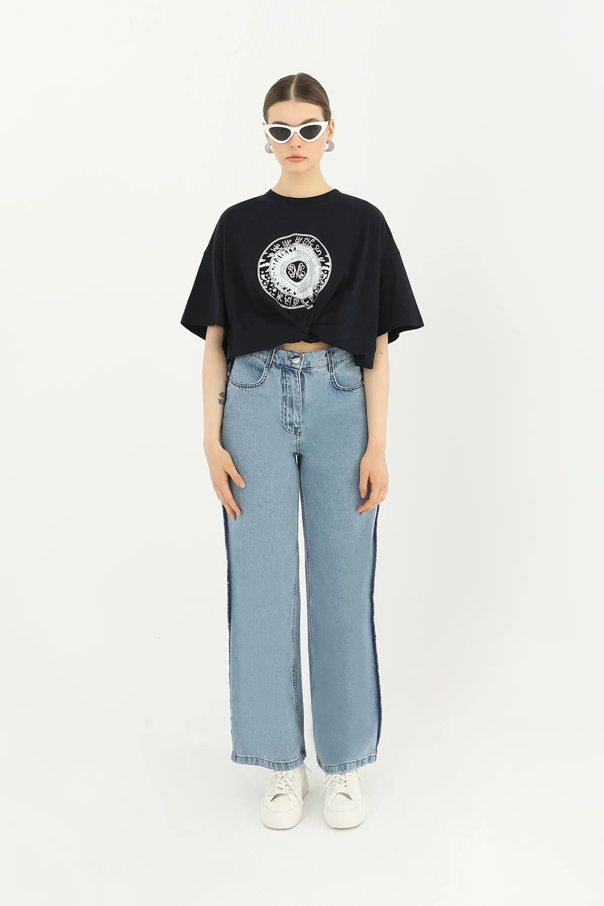 Kadın Şerit Detaylı Geniş Paça Pantolon - 31625PNT - BLUE