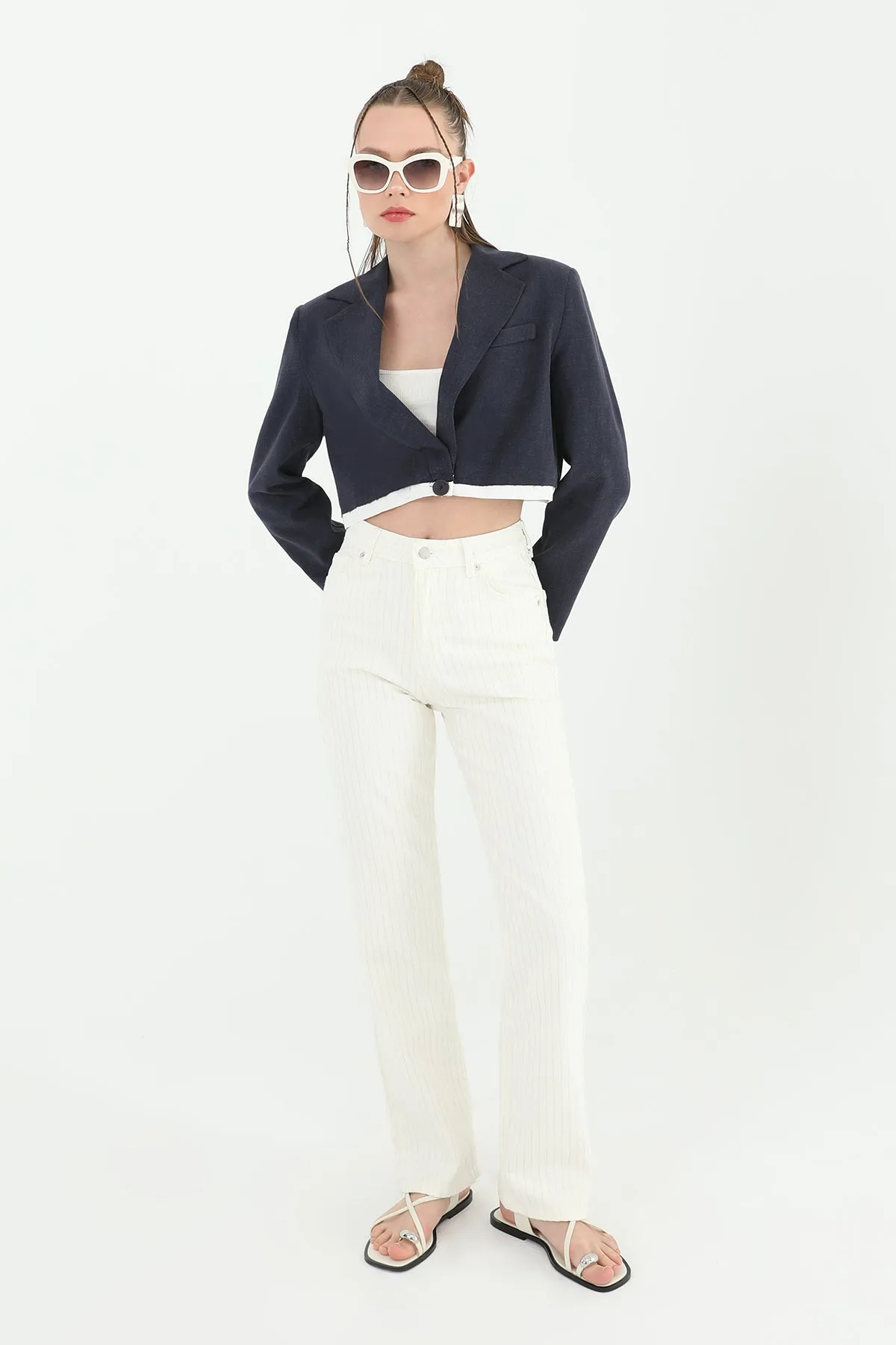 Kadın Çizgili Denim Pantolon - 31877PNT - ECRU
