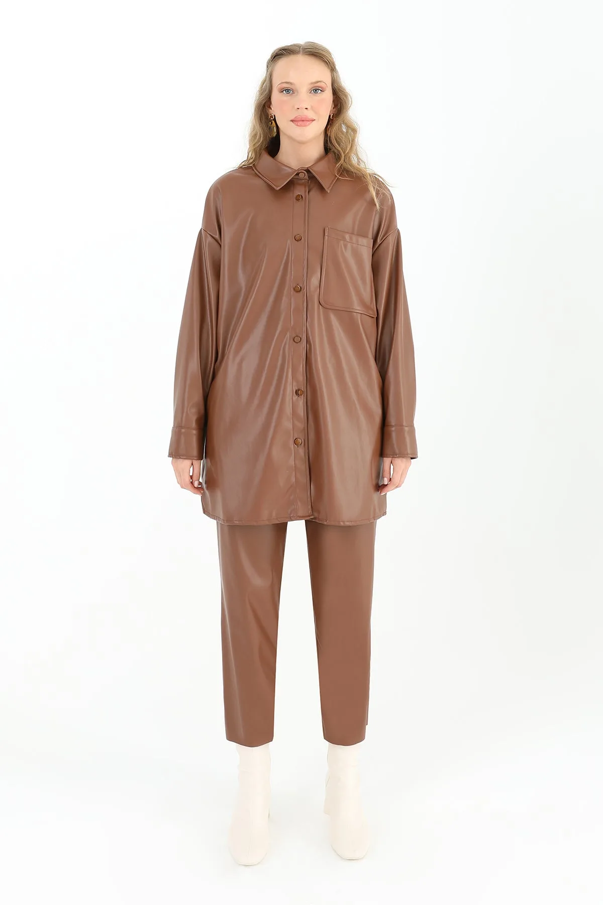 Kadın Cepli Deri Gömlek - 10570GML - BROWN