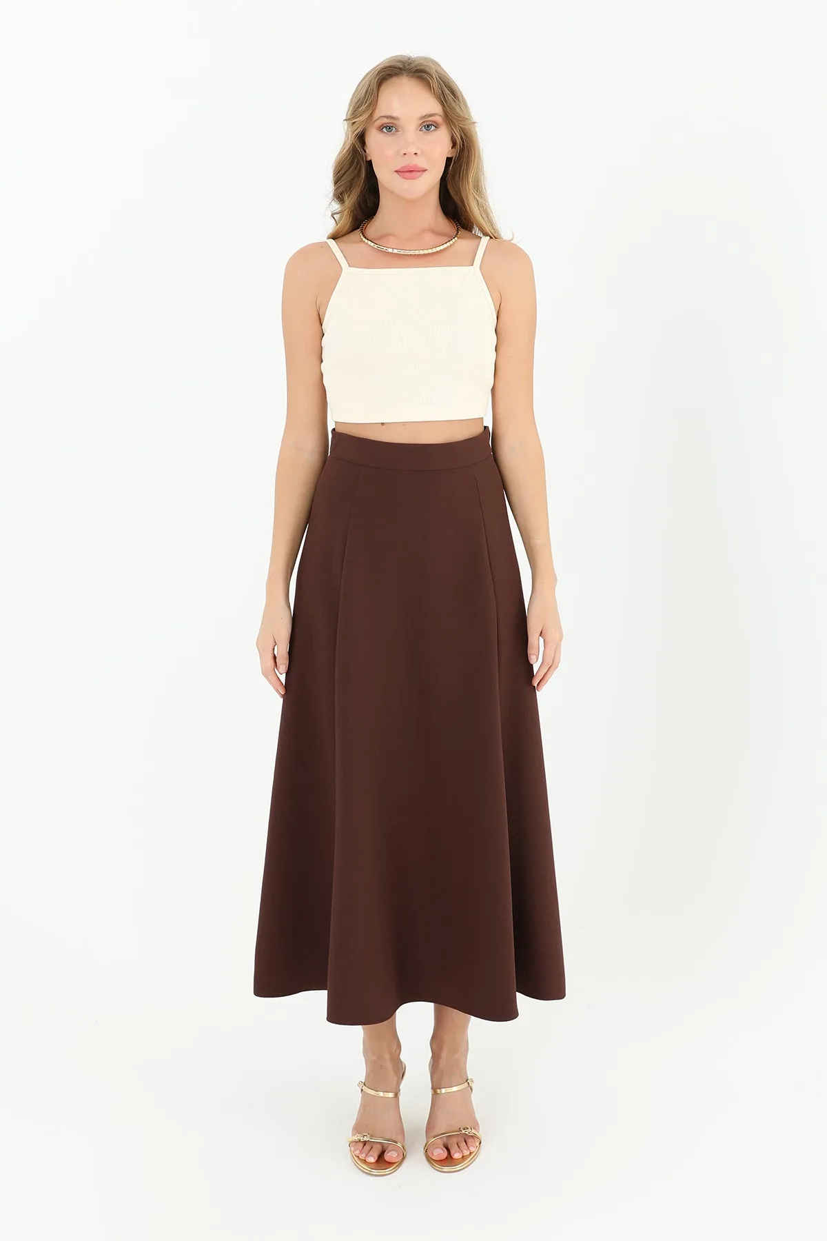 Kadın Fermuarlı Kloş Etek - 18201ETK - BROWN