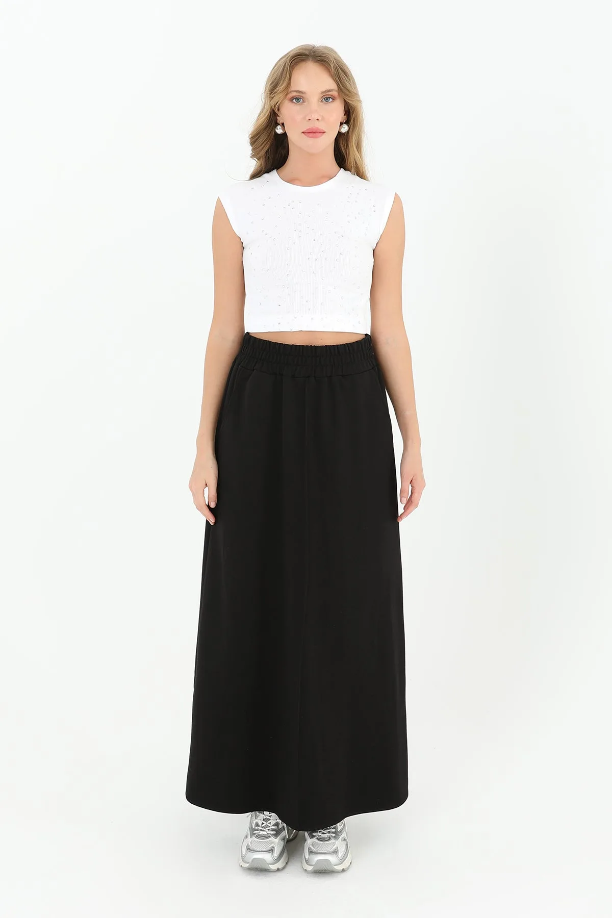 Kadın Beli Lastikli Uzun Etek - 18207ETK - BLACK