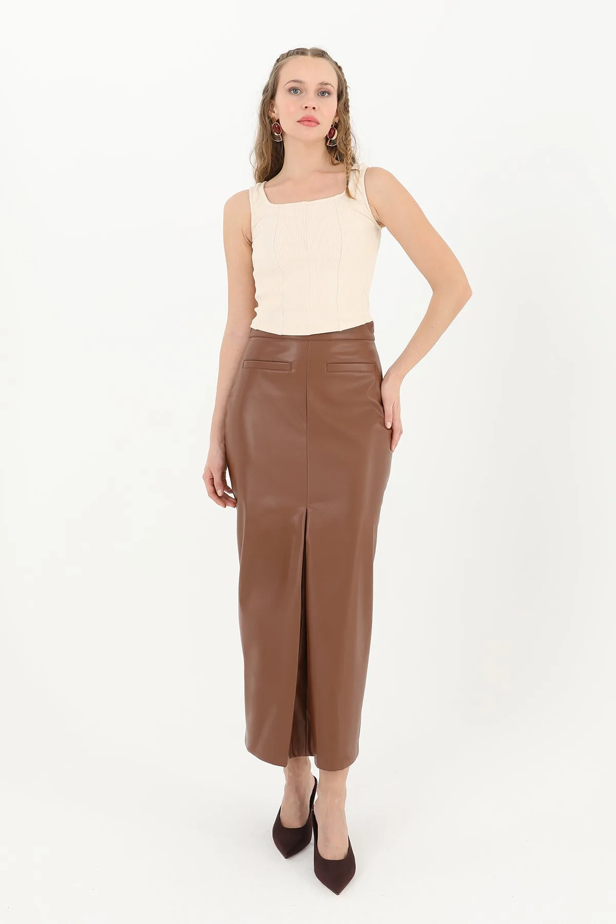 Kadın Önü Yırtmaçlı Deri Etek - 18215ETK - BROWN