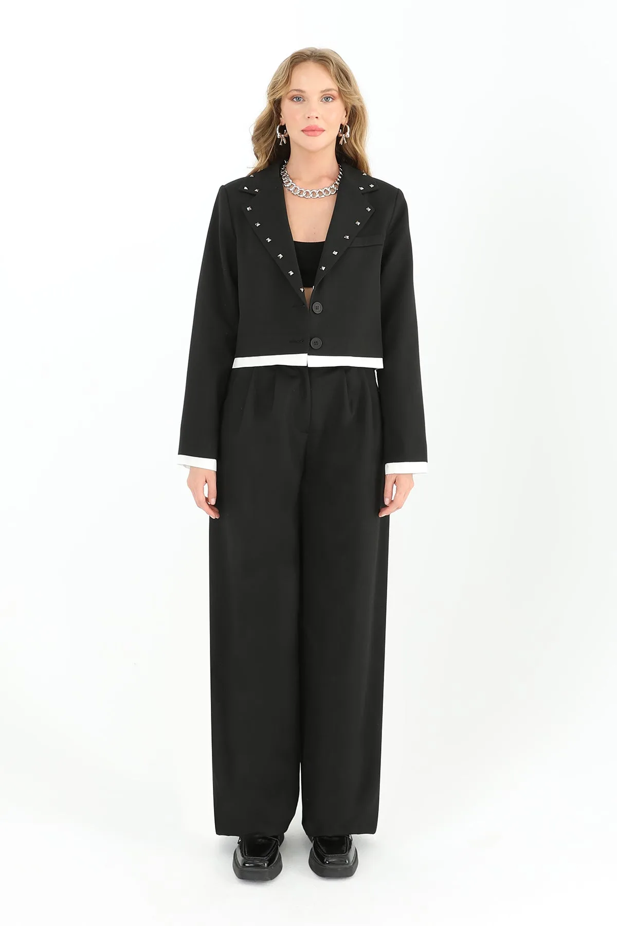 Kadın Beli Taş İşlemeli Pileli Geniş Paça Pantolon - 31962PNT - BLACK