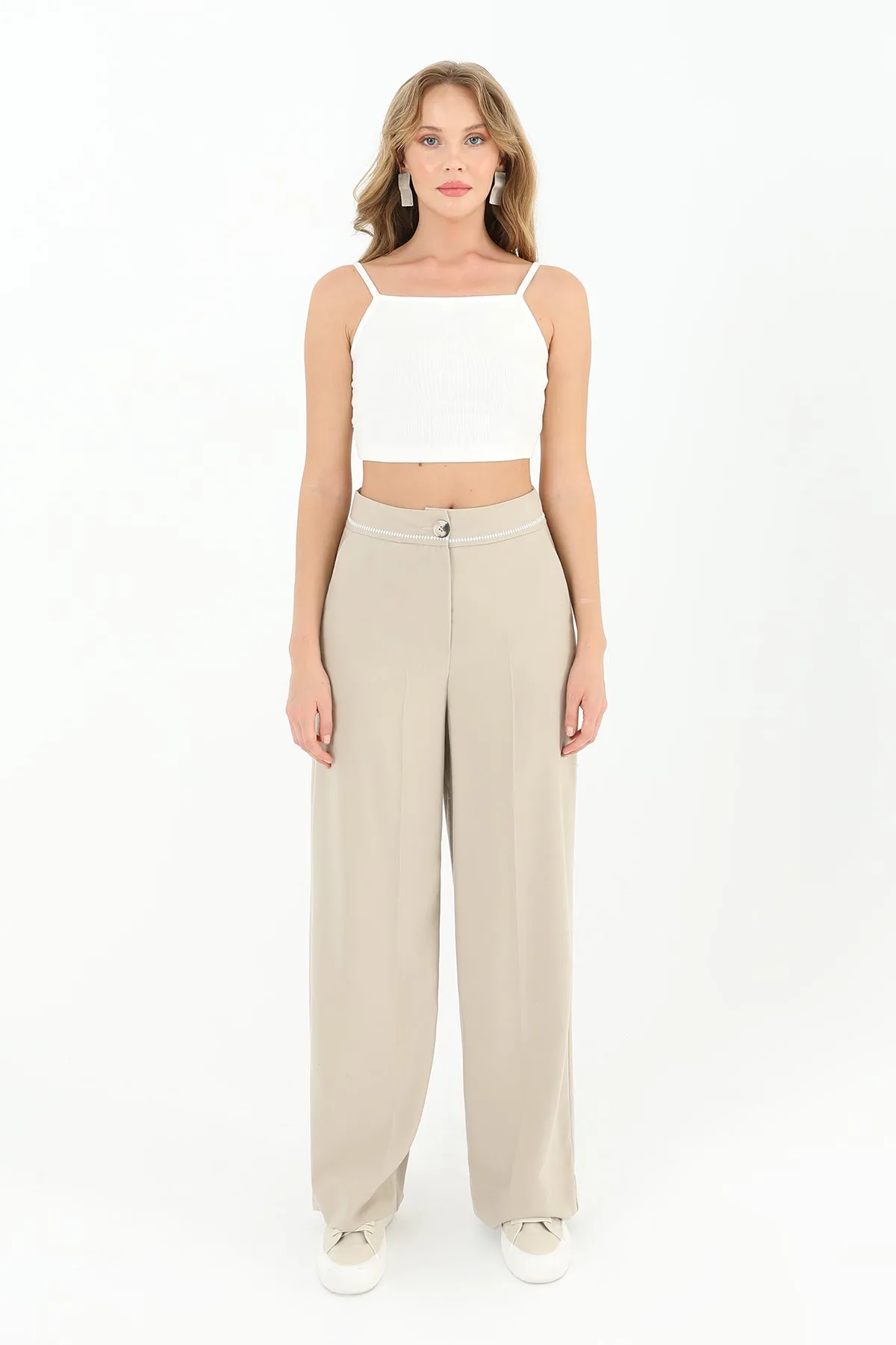Kadın Beli Nakış Detaylı Geniş Paça Pantolon - 31976PNT - BEIGE