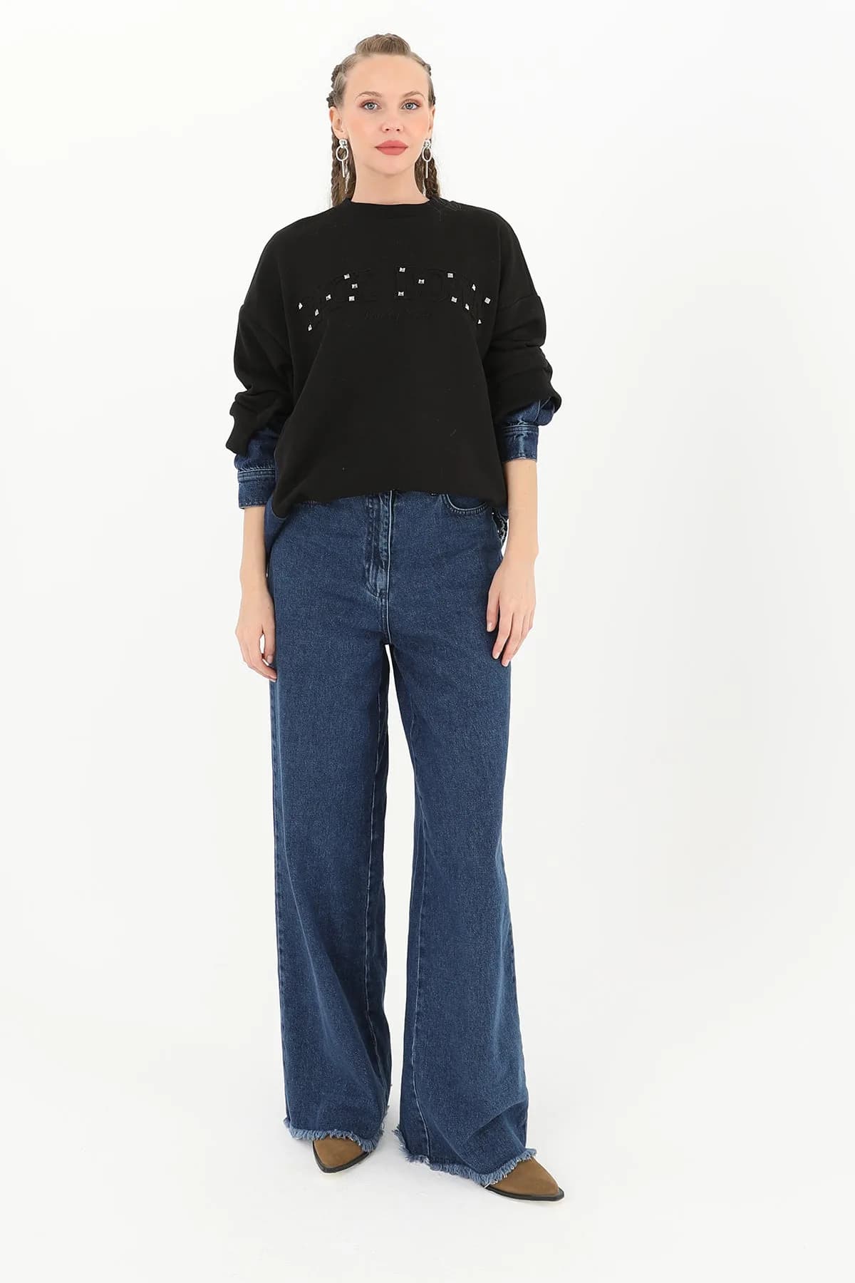 Kadın Kol Ucu Kot Detaylı Taş İşlemeli Sweatshirt - 31990SWT - BLACK-BLUE