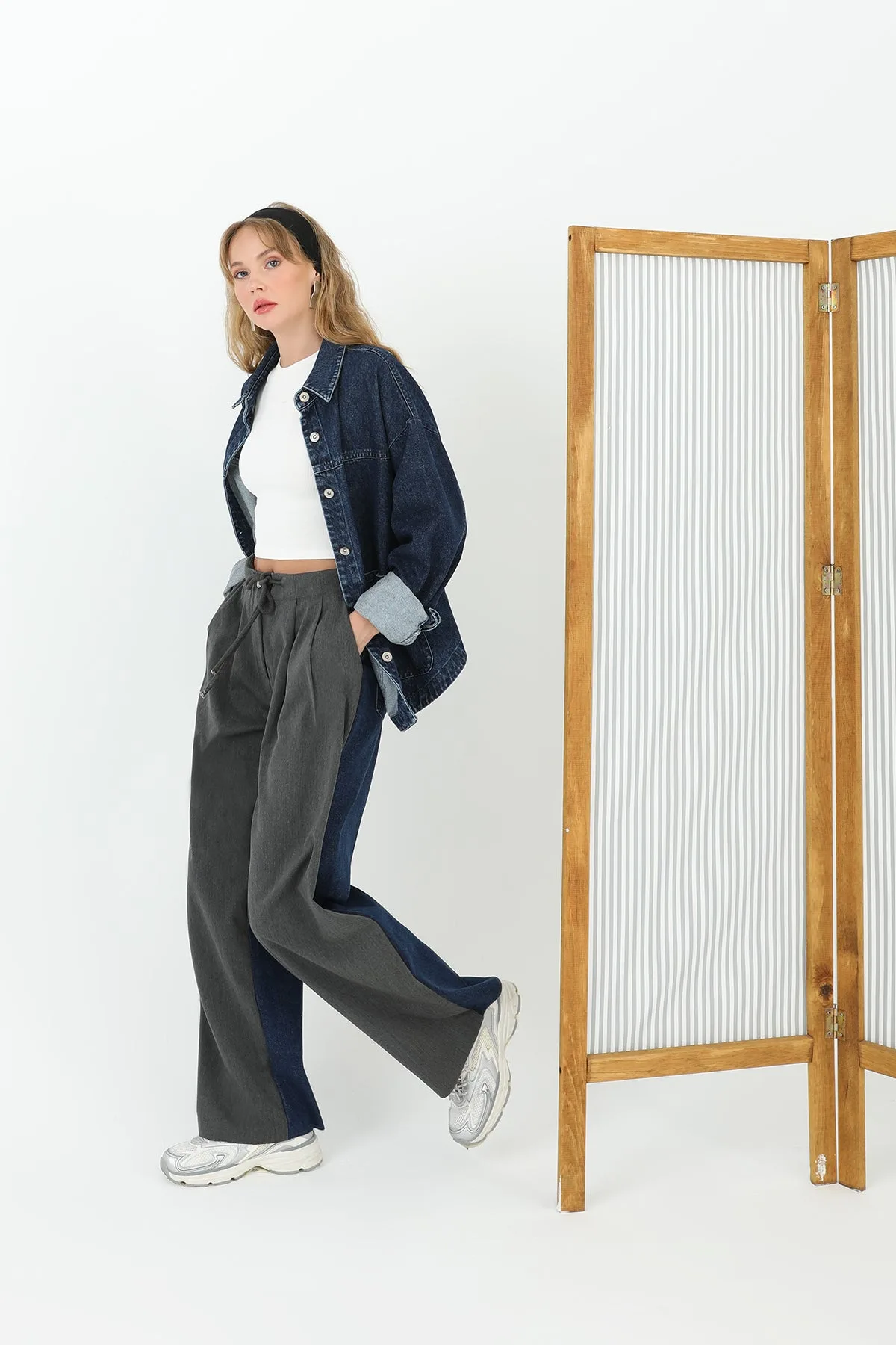 Kadın Arkası Kot Önü Triko Geçişli Geniş Paça Pantolon - 31991PNT - ANTHRACITE-BLUE