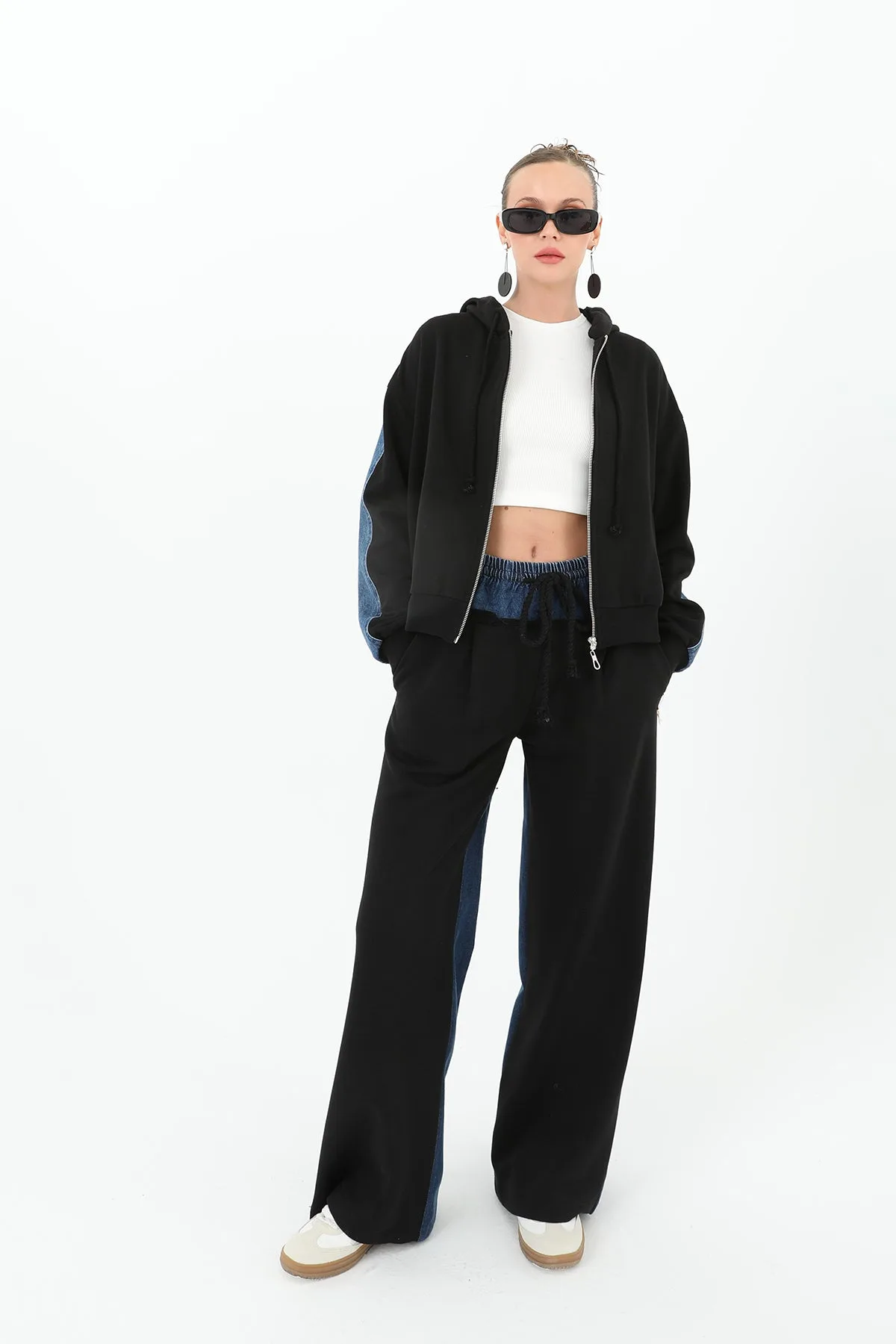 Kadın Arkası Kot Önü Triko Geçişli Geniş Paça Pantolon - 31992PNT - BLACK-BLUE
