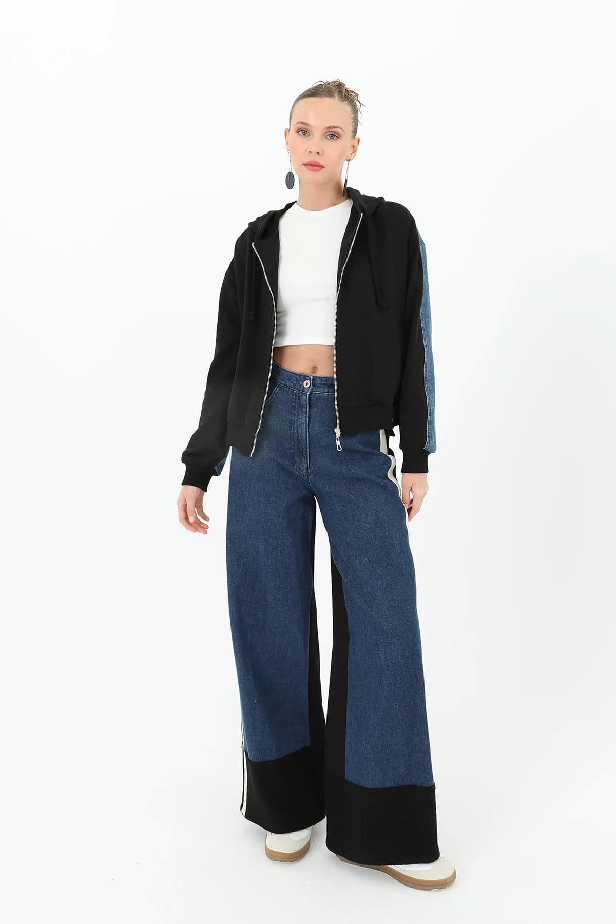 Kadın Paça Triko Detaylı Geniş Paça Kot Pantolon - 31994PNT - BLACK-BLUE