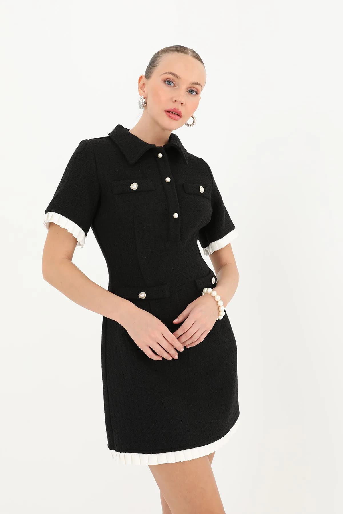 Kadın Chanel Düğmeli Elbise - 32026ELB - BLACK