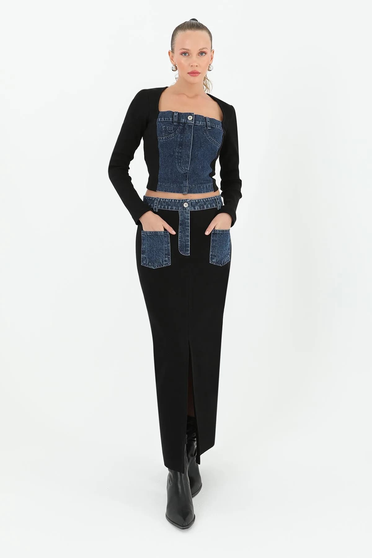 Kadın Ribanalı Denim Cepli Etek - 32028ETK - BLACK