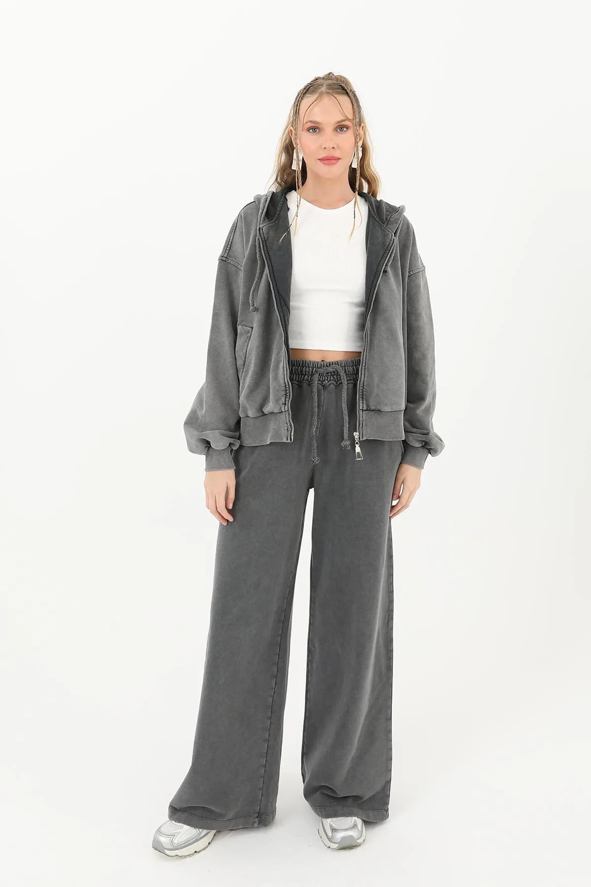Kadın Beli Lastikli Eskitme Geniş Paça Pantolon- 32066PNT - ANTRACITE