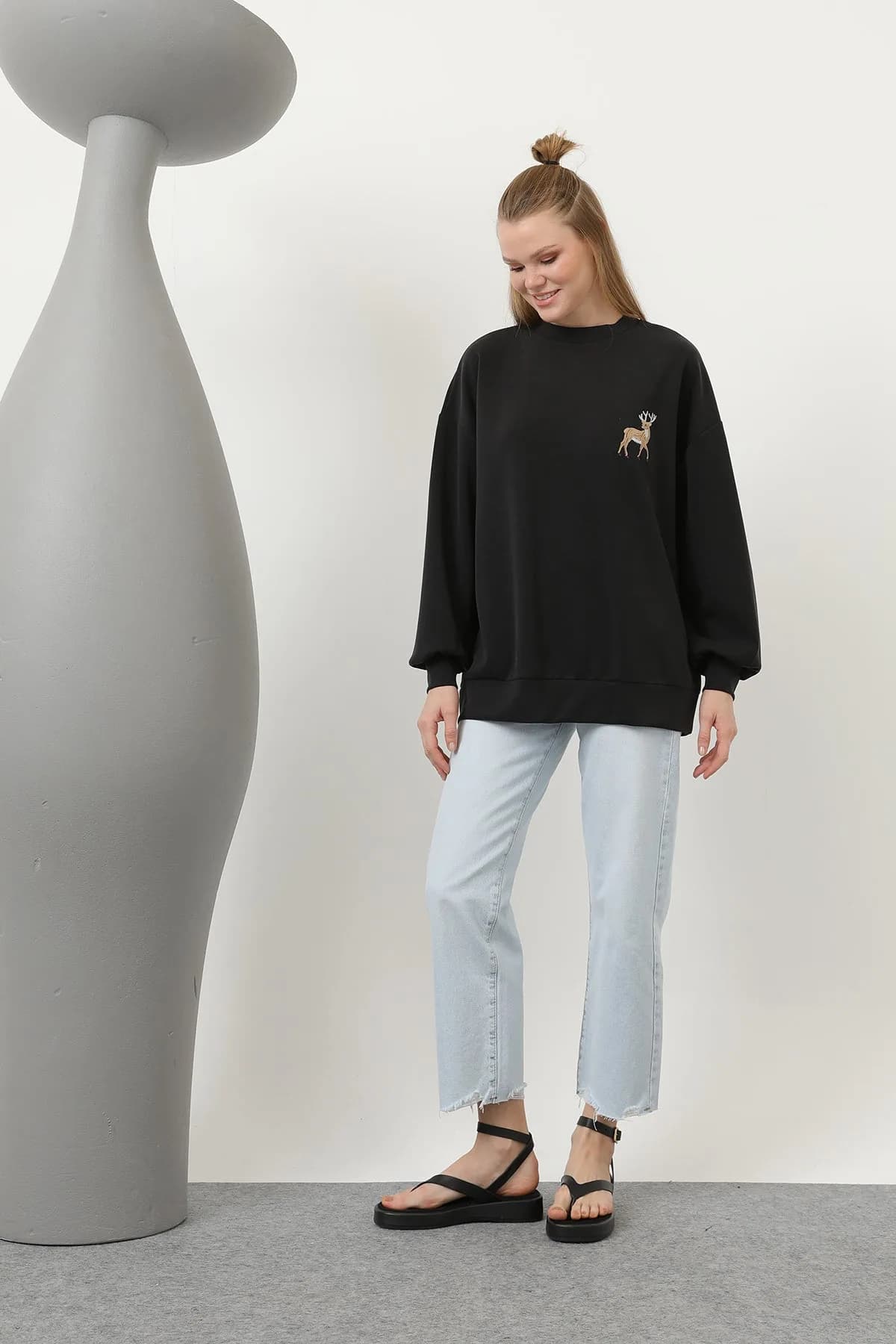 Kadın Arkası Geyikli Sweat - 32118SWT - BLACK