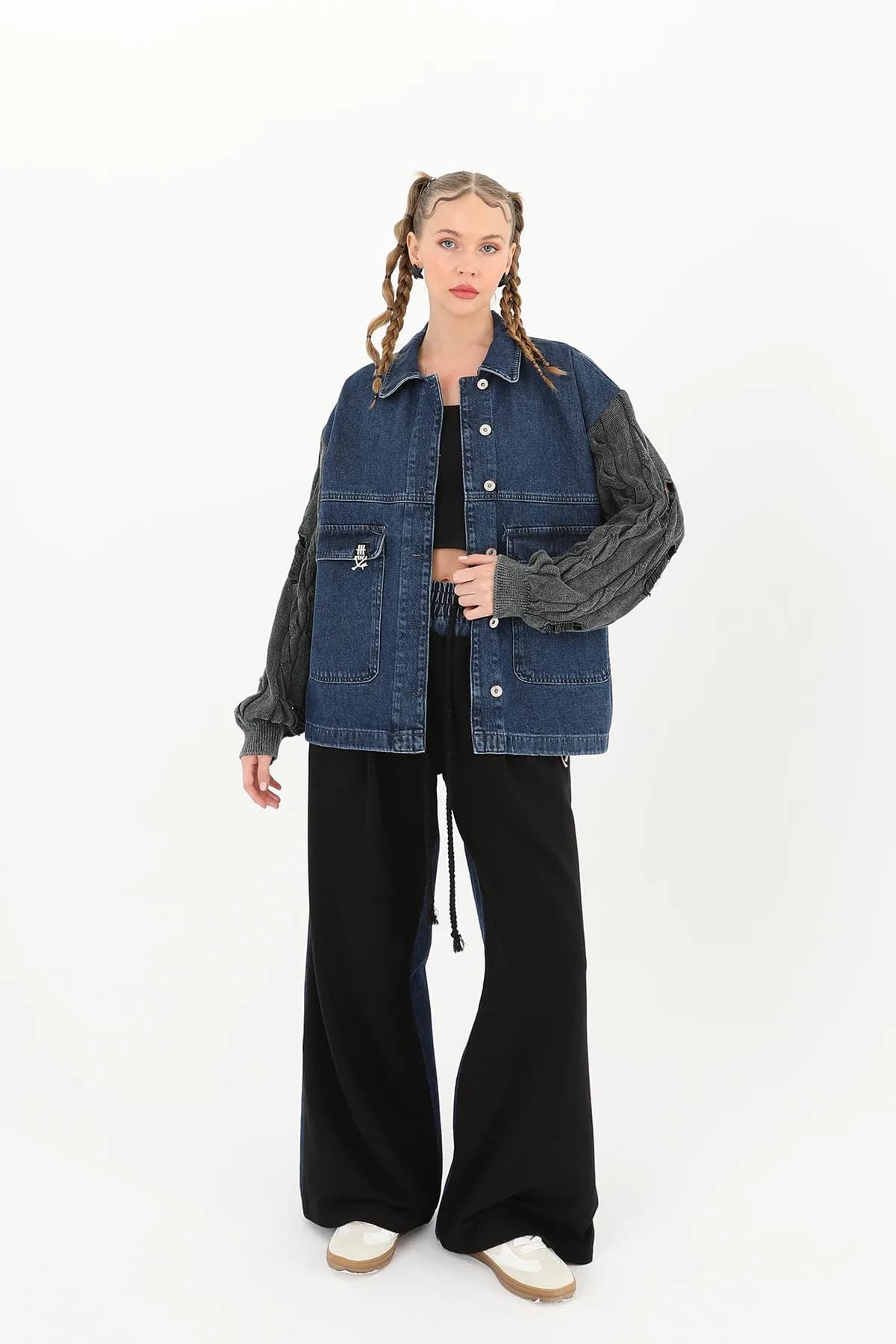 Kadın Triko Kol Detaylı Denim Ceket -32041CKT - ANTHRACITE-BLUE