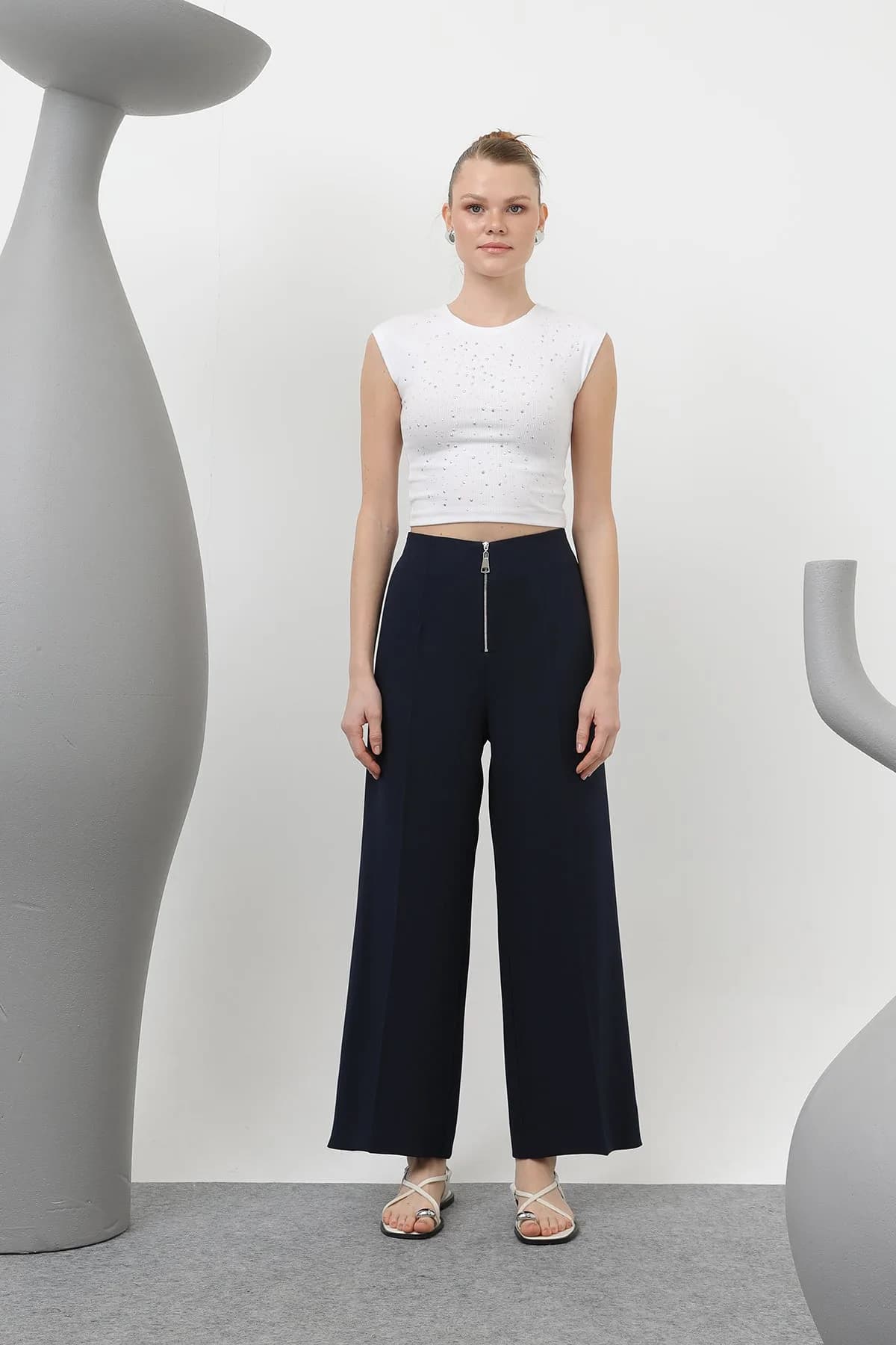 Kadın Fermuar Detaylı Pensli Pantolon- 18228PNT - NAVY
