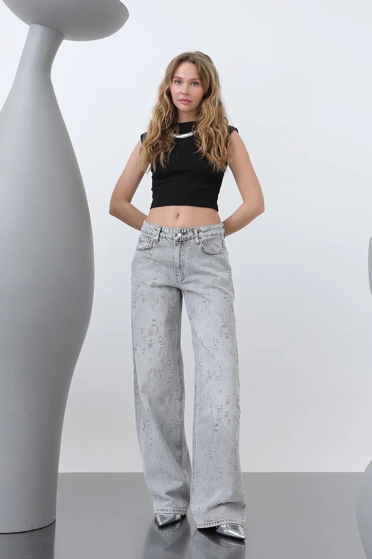 Kadın Basic Bol Denim Pantolon -32277PNT - GREY