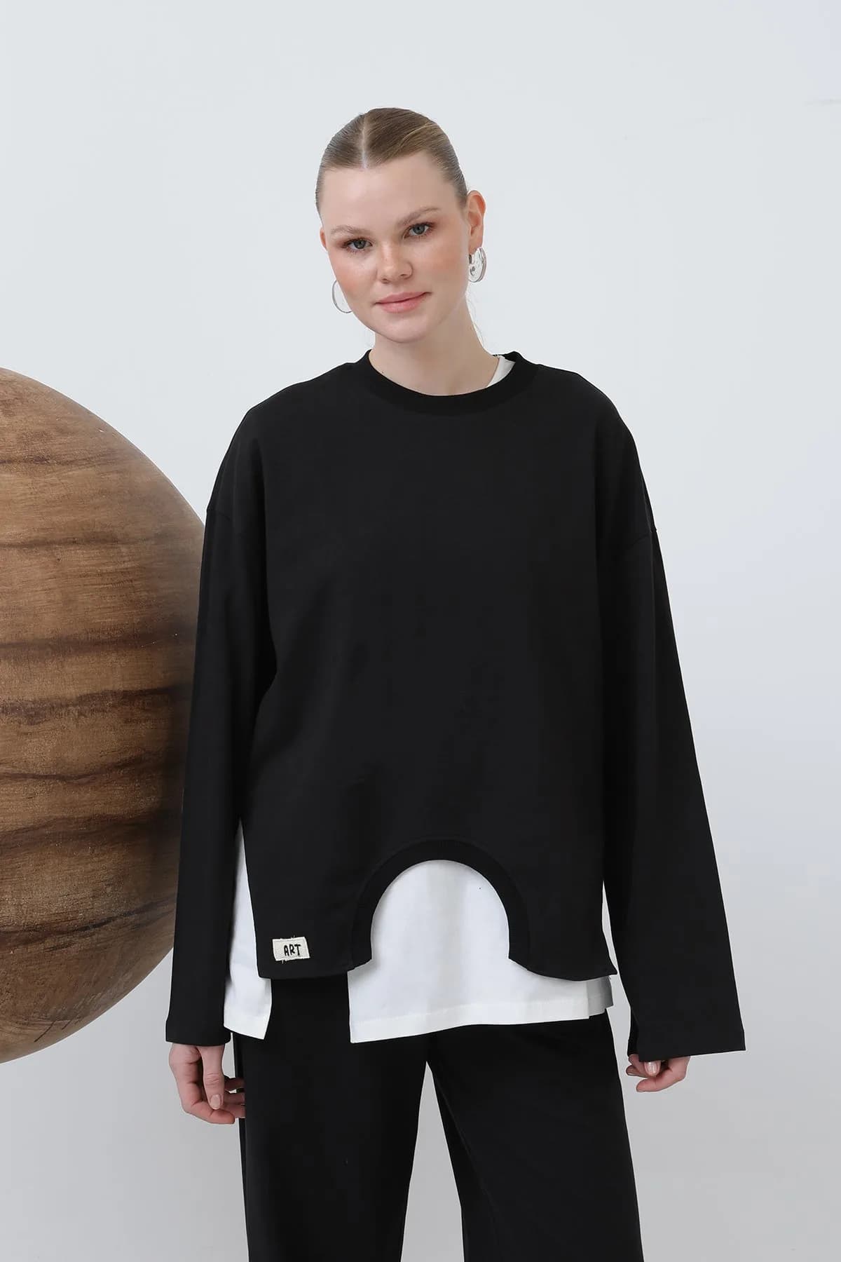Kadın Basic Asimetrik Garnili Sweatshirt - 32223SWT - BLACK