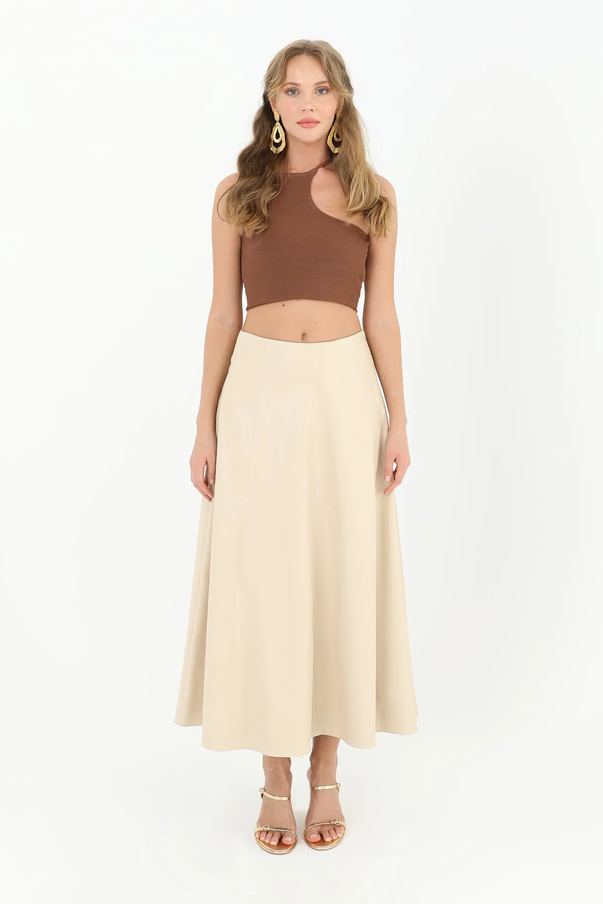 Kadın Parçalı Kloş Etek - 18202ETK - BEIGE