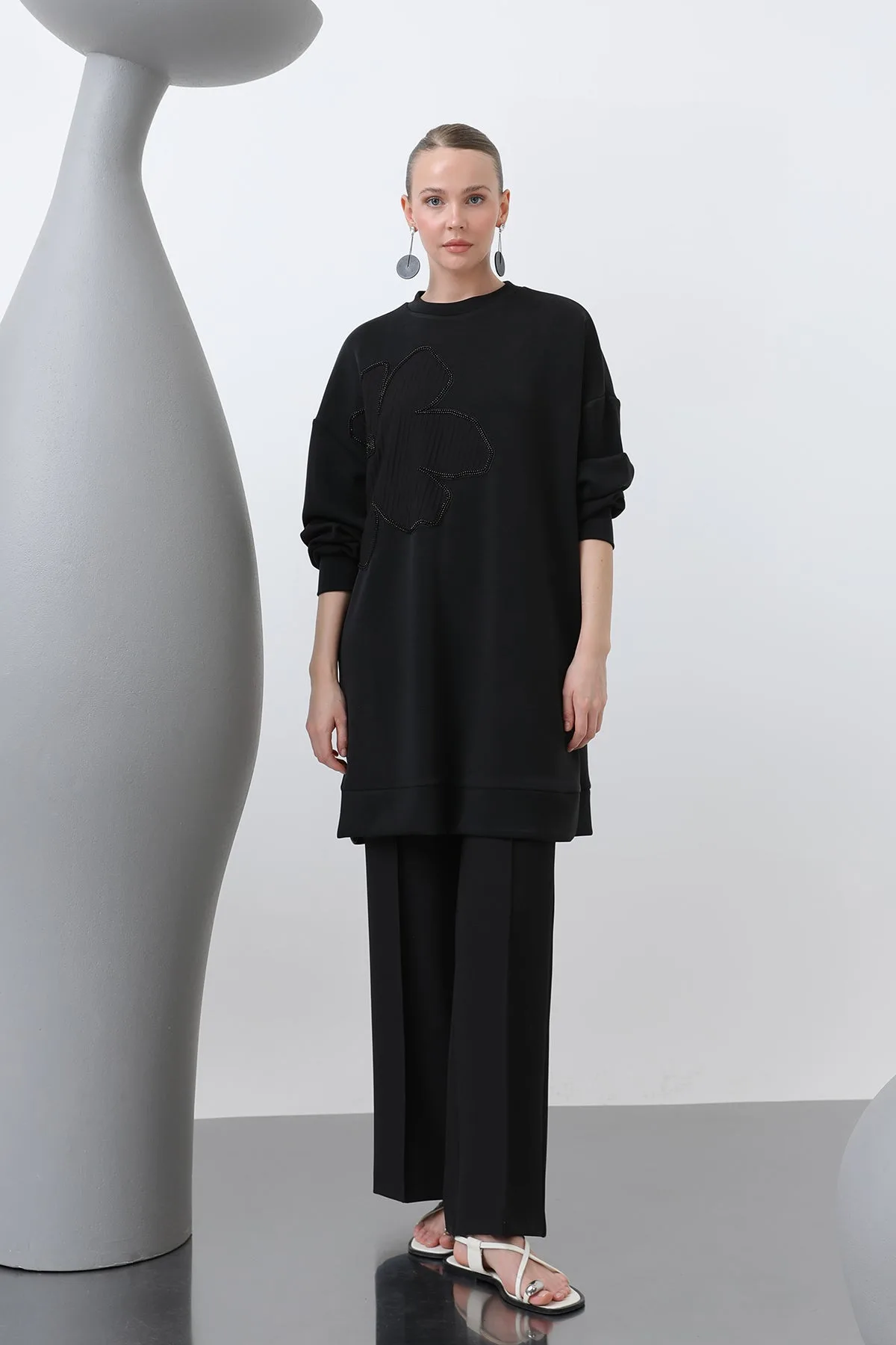 Kadın Önü İşlemeli Garni Detaylı Tunik - 10627TNK - BLACK