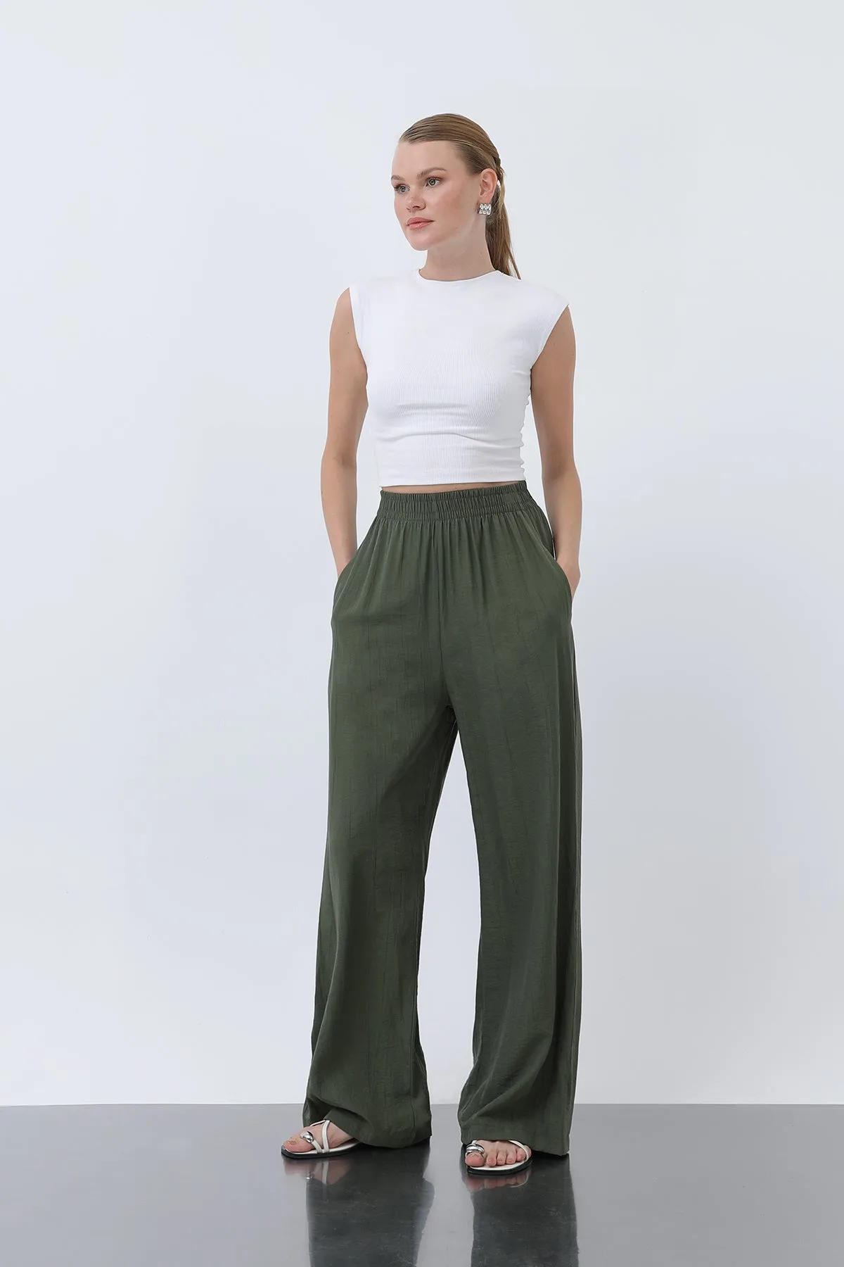 Kadın Beli Lastikli Bol Pantolon - 18239PNT - KHAKI