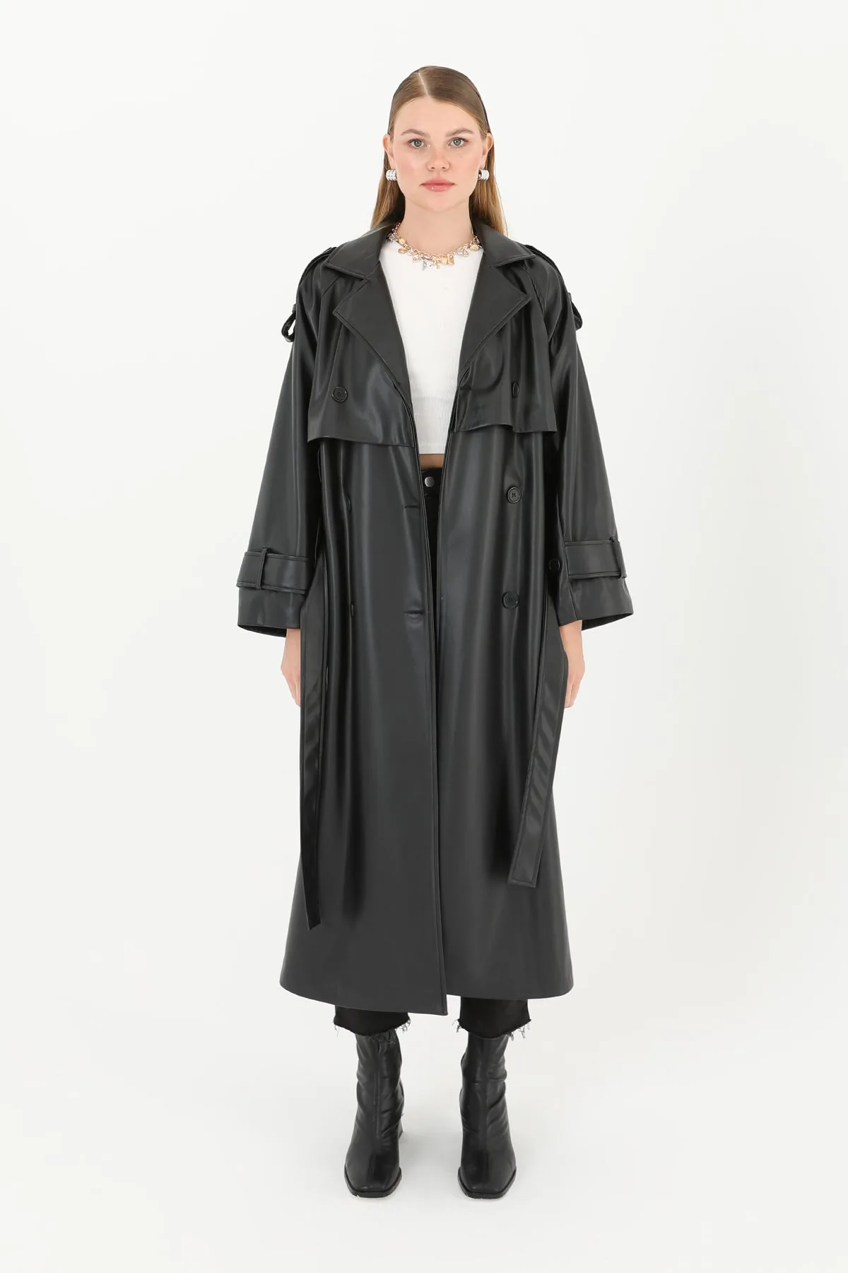Kadın Deri Uzun Trench - 32017TRC - BLACK